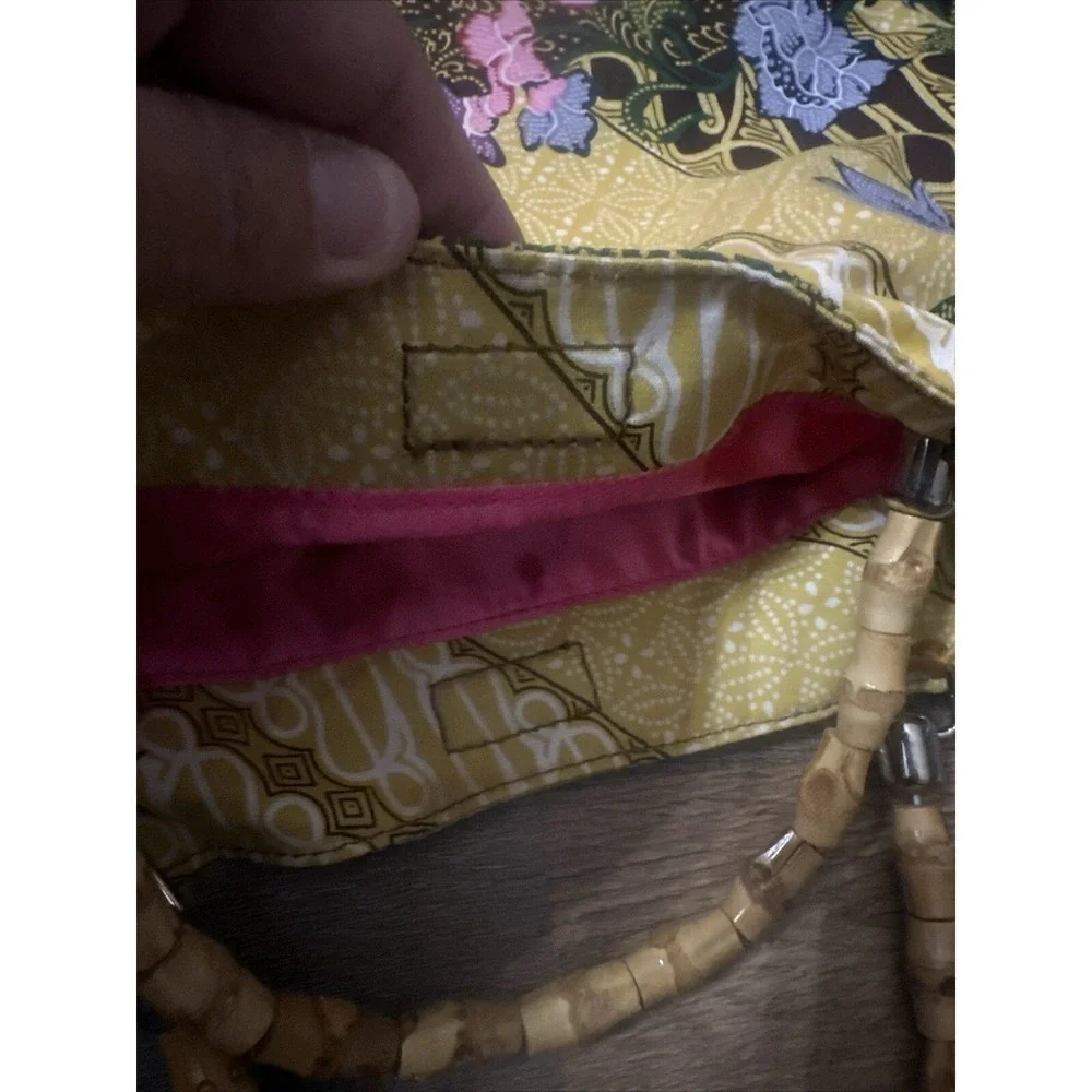 Nine West Medium Yellow Beaded Handbag Hot‎ Pink Lined Black Wood Bead Handle